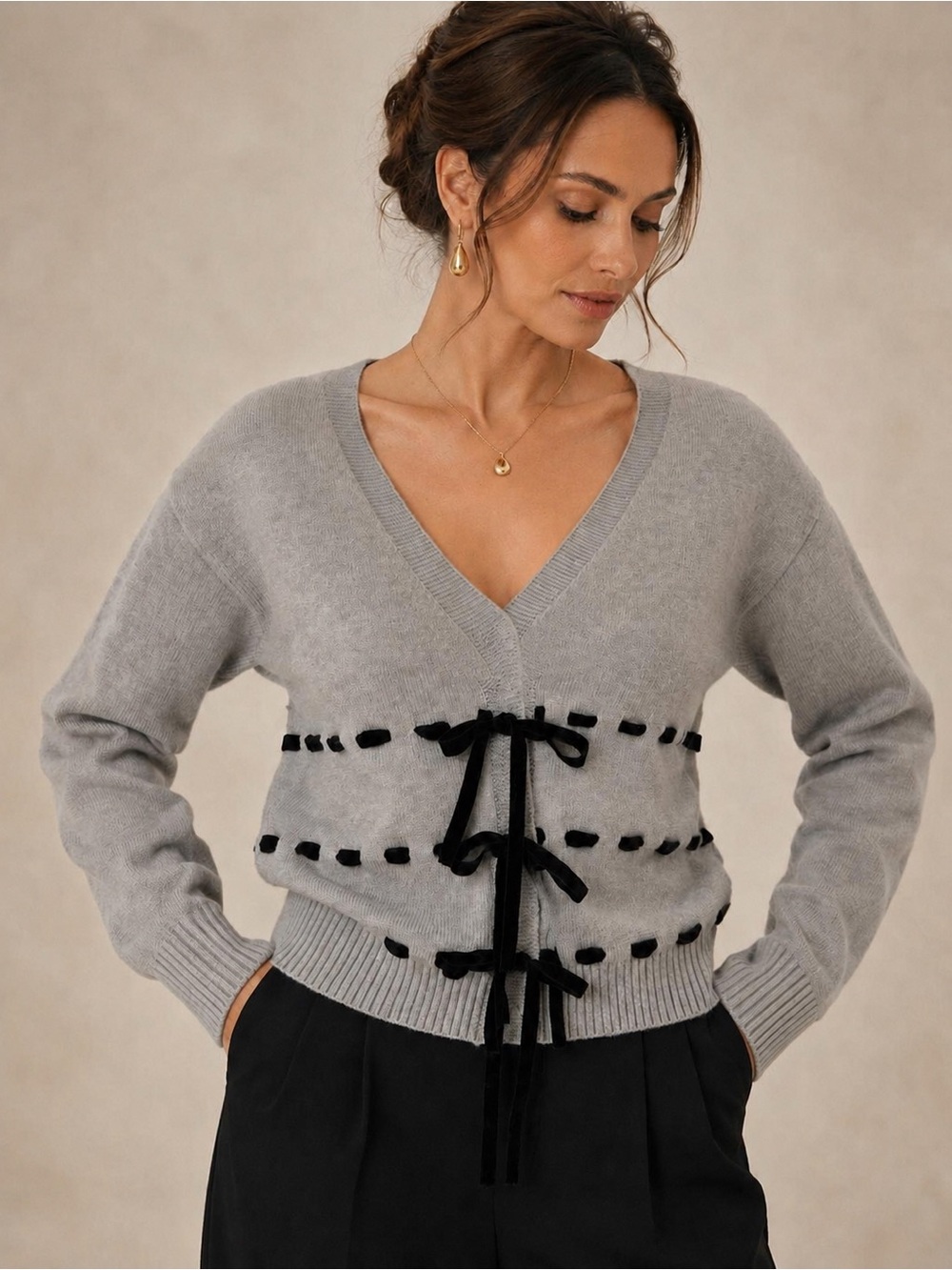 Idem Ditto Gray Velvet Bow Tie Detail V-Neck Cardigan Sweater NWT #D37